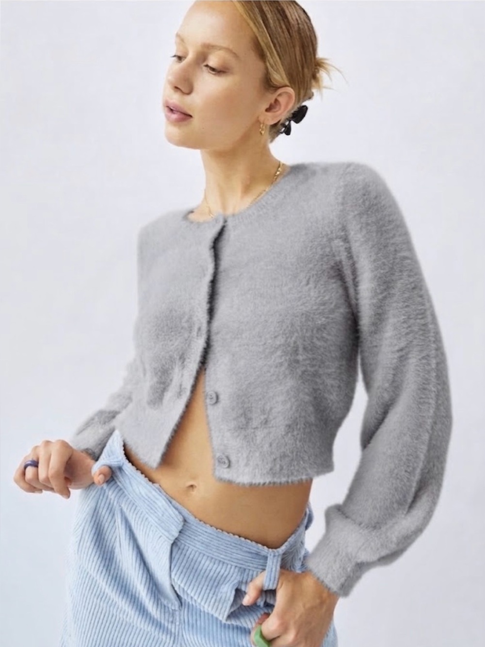 Sunday Best Carmen Fluffy Fuzzy Crewneck Cardigan Sweater Opal Gray XS